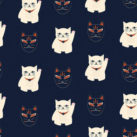 LH900151 - Lucky Cat Midnight Wallpaper - Navy, Jasmine White & Crimson - Lust Home