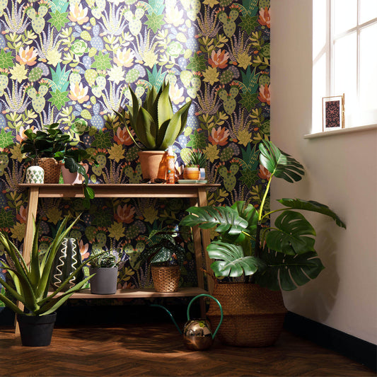 LH900166 - Plantopia Wallpaper - Space Blue, Shades of Green & Peach - Lust Home