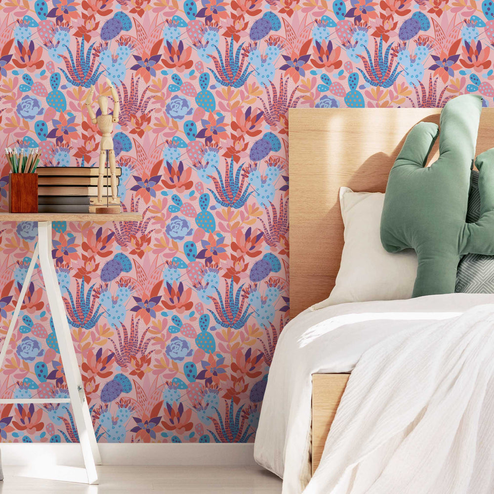 LH900169 - Plantopia Wallpaper - Powder Pink, Peach & Bright Sky Blue - Lust Home