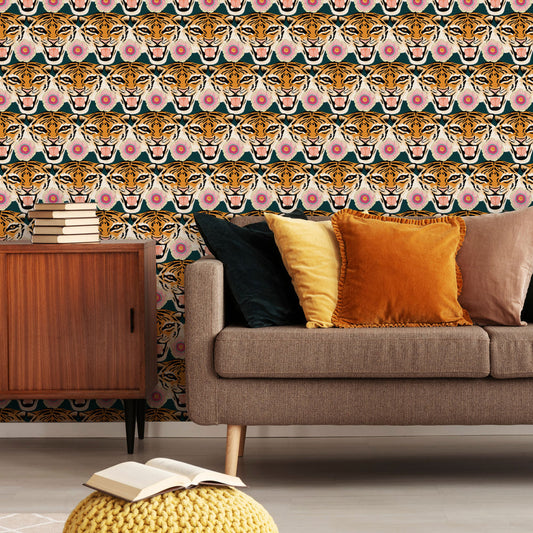 LH900170 - Tigerlily Wallpaper - Emerald Green, Pink & Orange - Lust Home