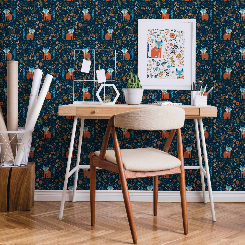 LH900176 - Let's Make A Den Wallpaper - Midnight Blue & Fox Orange - Lust Home