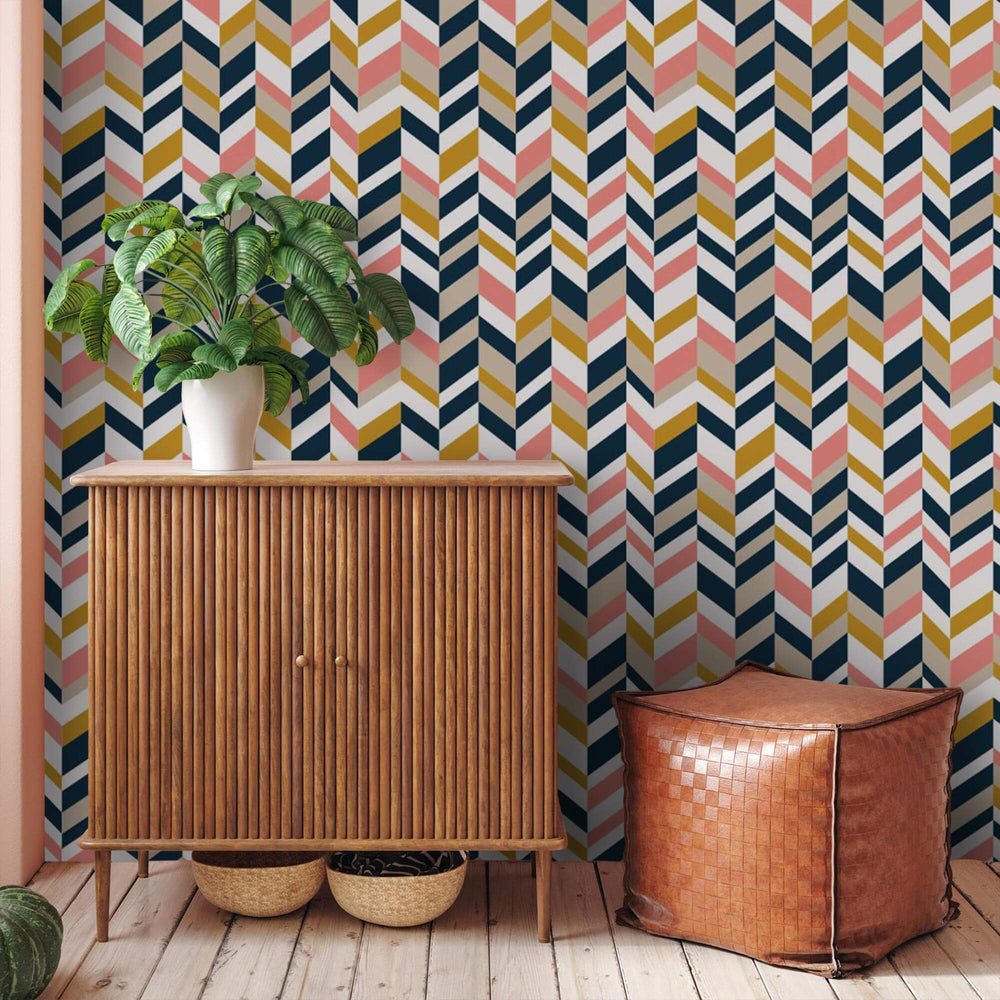 LH900197 - Bau in the Haus Wallpaper - Mustard, Flamingo Pink, Midnight Navy & Stone - Lust Home