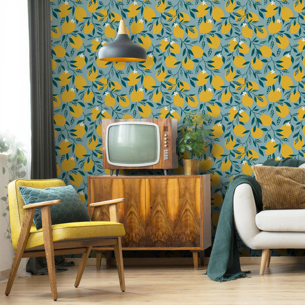 LH900214 - Freshly Squeezed Wallpaper - Teal & Lemon Yellow - Lust Home