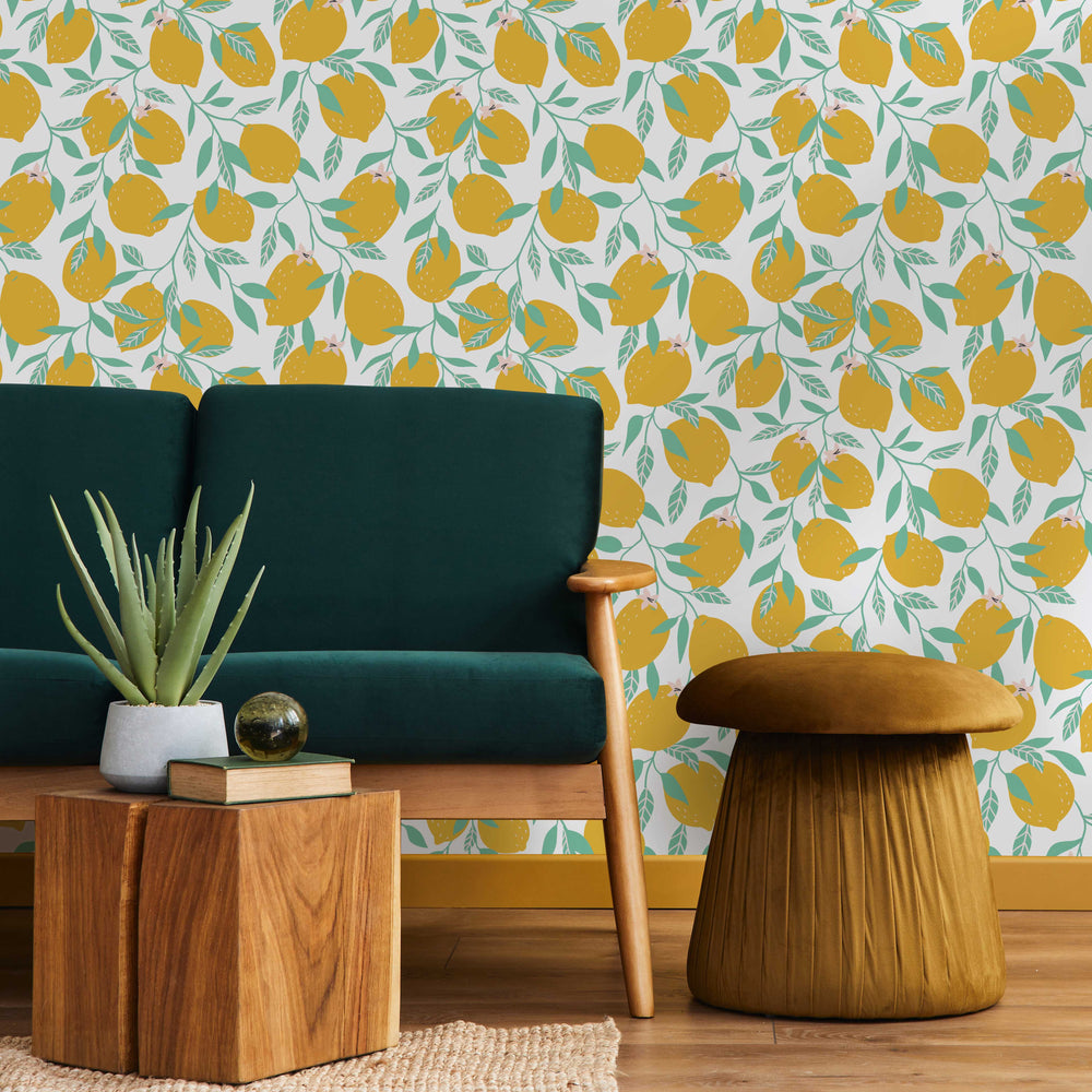 LH900216 - Freshly Squeezed Wallpaper - Lemon Yellow & Aquamarine - Lust Home