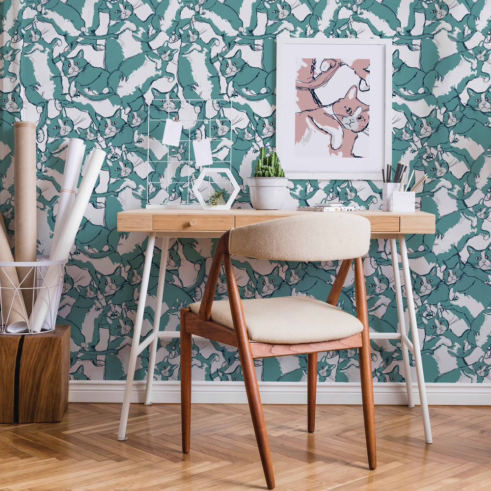 LH900251 - Cat-astrophe Wallpaper - Teal & Navy - Lust Home