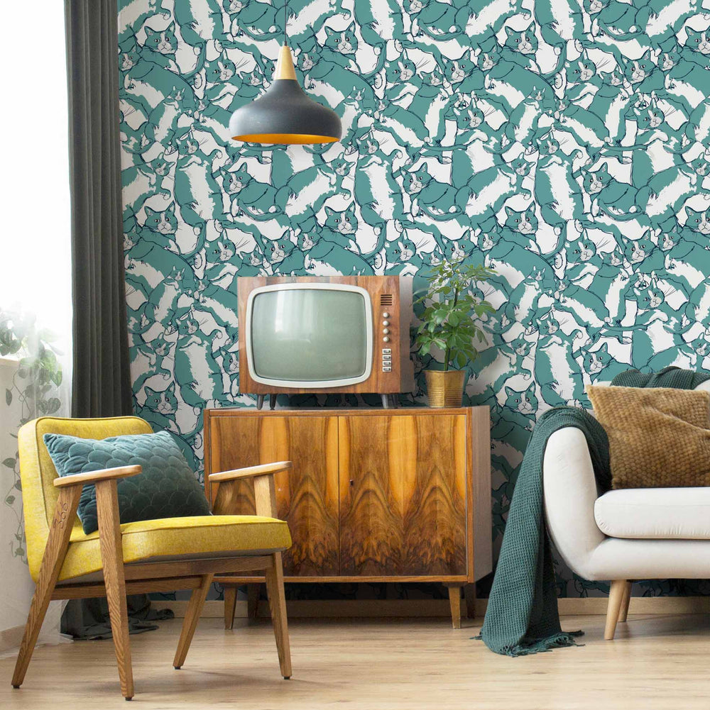 LH900251 - Cat-astrophe Wallpaper - Teal & Navy - Lust Home