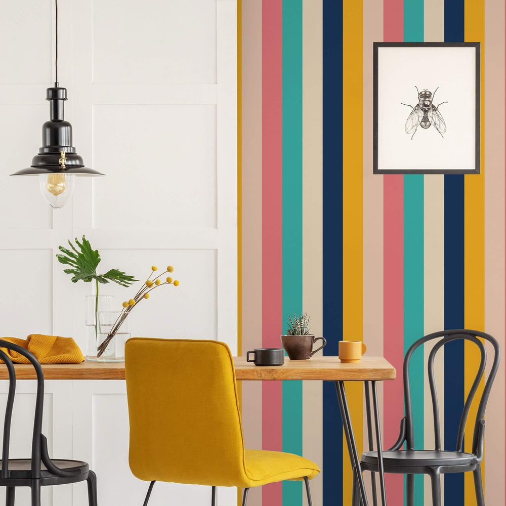 LH900258 - That 70's Stripe Wallpaper - Ochre, Rose Pink & Teal - Lust Home