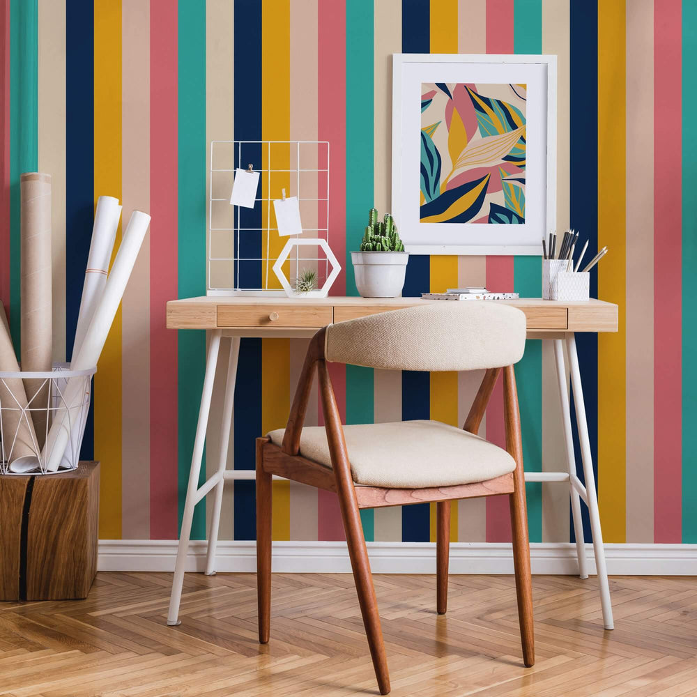 LH900258 - That 70's Stripe Wallpaper - Ochre, Rose Pink & Teal - Lust Home