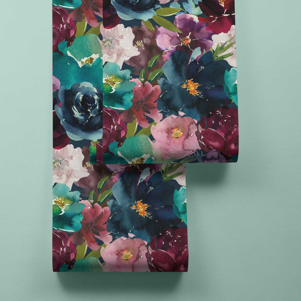 LH900338 - Once and Floral Wallpaper - Navy, Teal, Burgundy & Mauve - Lust Home