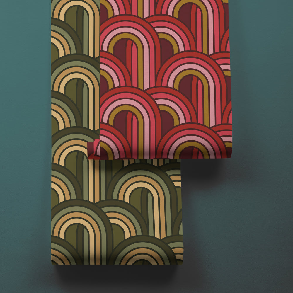 LH900350 - Keep On Rollin' Wallpaper - Maroon, Lipstick Pinks & Rich Gold - Lust Home