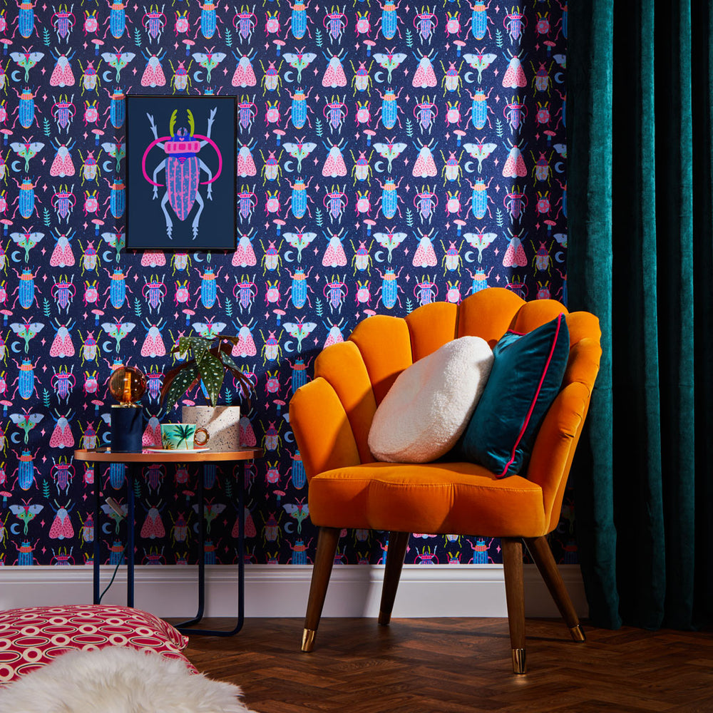 LH900368 - Juicy Beetle Wallpaper - Brights on Navy - Lust Home