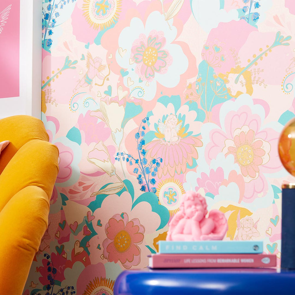 LH900377 - Stupid Cupid Wallpaper - Mint Green, Carnation Pinks & Apricot - Lust Home