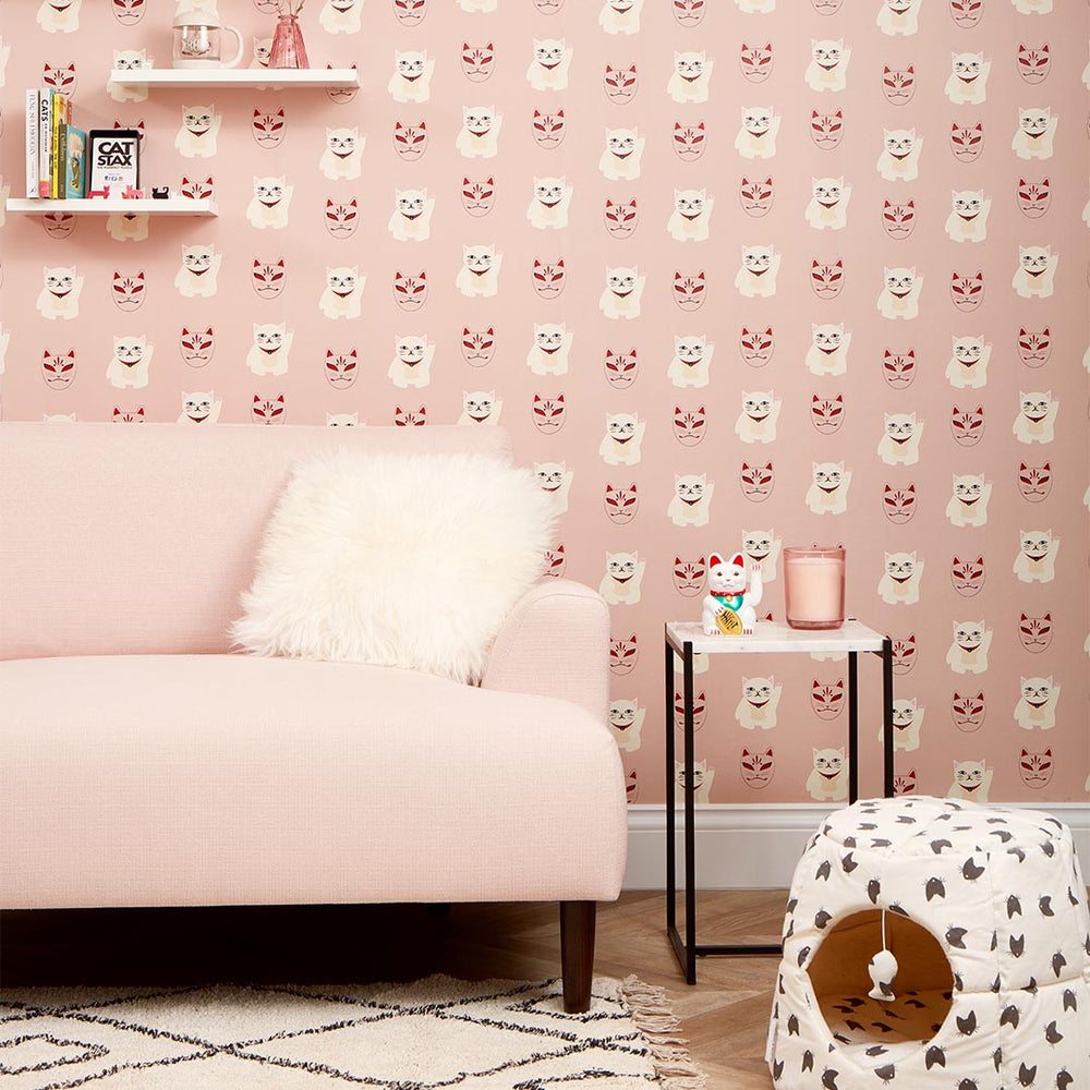 LH900391 - Lucky Cat Wallpaper - Dusty Pink, Red & Ivory - Lust Home