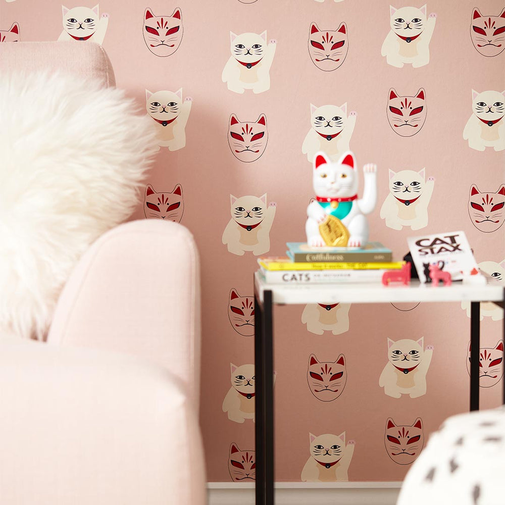 LH900391 - Lucky Cat Wallpaper - Dusty Pink, Red & Ivory - Lust Home