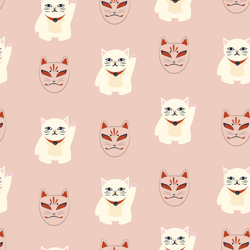 LH900391 - Lucky Cat Wallpaper - Dusty Pink, Red & Ivory - Lust Home