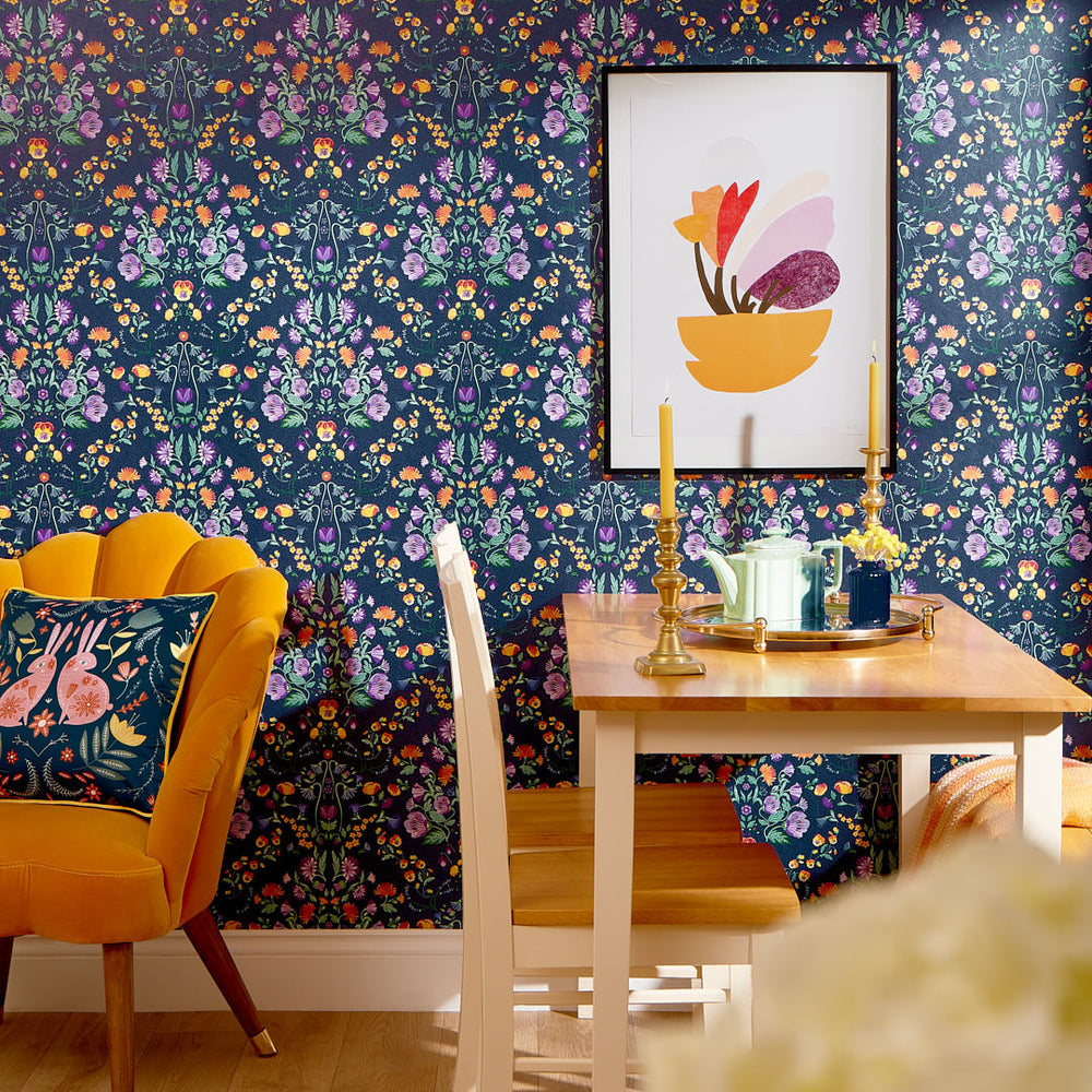LH900393 - Forget Me Not Wallpaper - Navy, Pansy Purple, Fern & Citrus - Lust Home