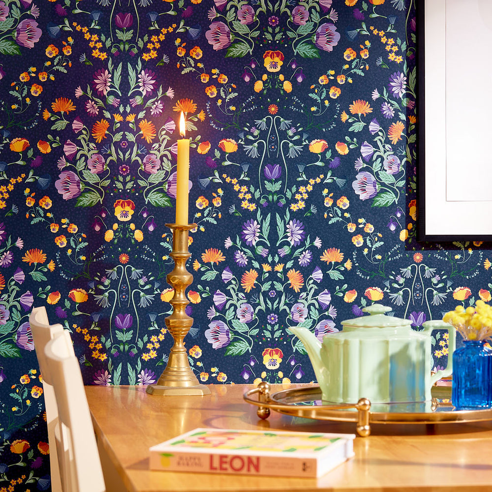 LH900393 - Forget Me Not Wallpaper - Navy, Pansy Purple, Fern & Citrus - Lust Home