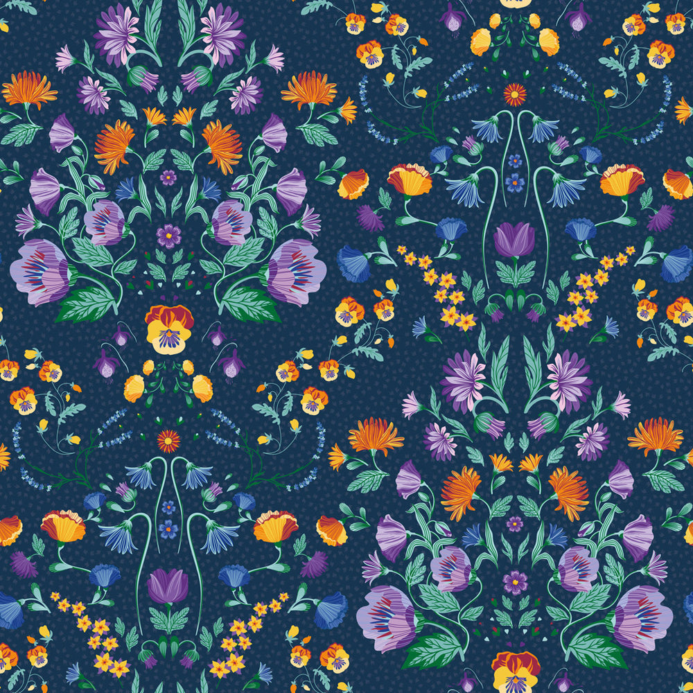 LH900393 - Forget Me Not Wallpaper - Navy, Pansy Purple, Fern & Citrus - Lust Home
