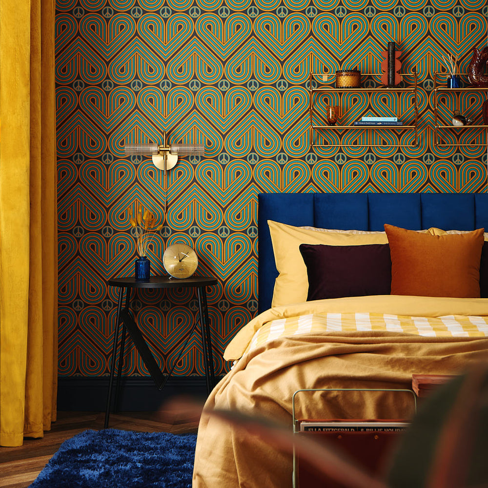 LH900465 - Peace and Love Wallpaper - Mustard & Teal on Silent Cave - Lust Home