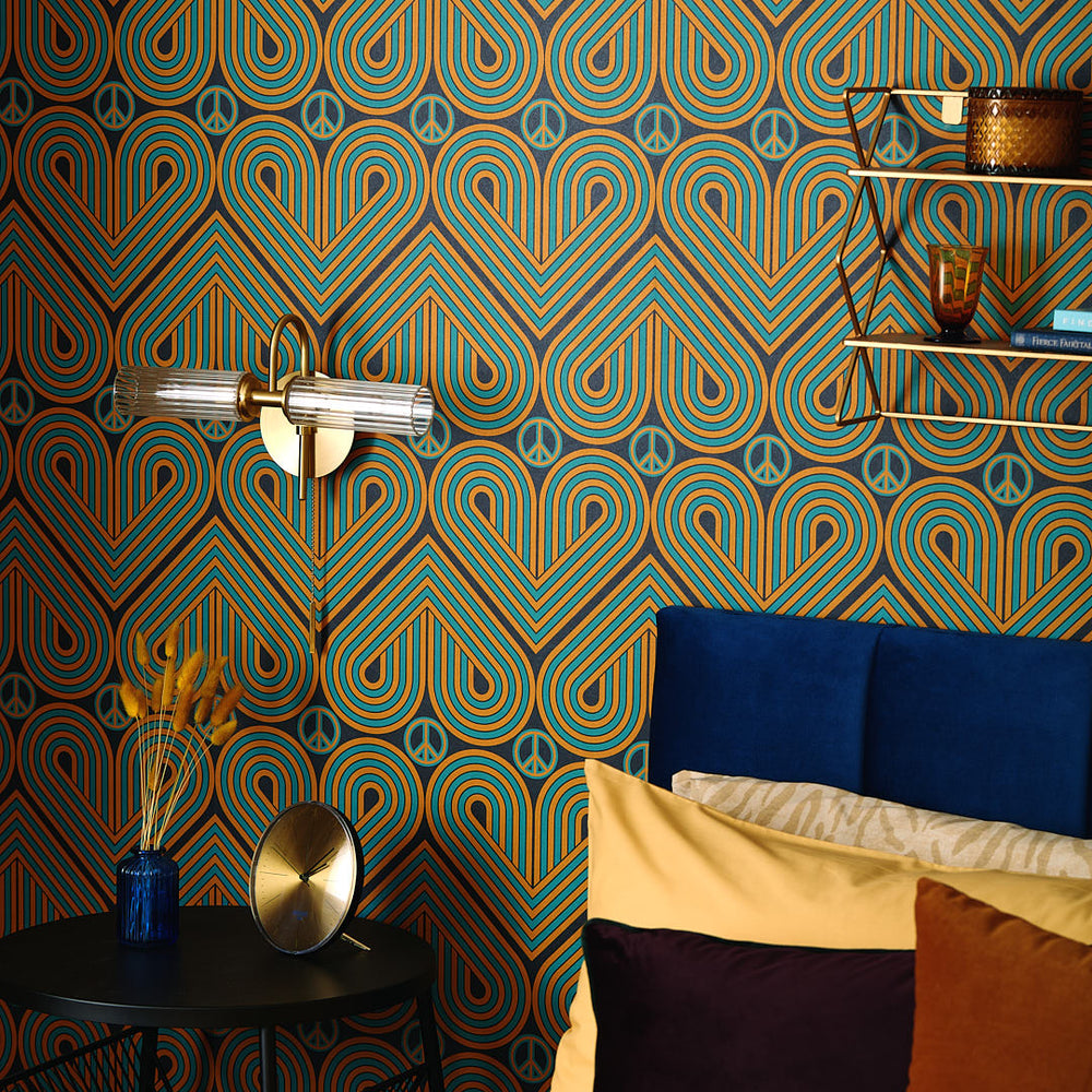 LH900465 - Peace and Love Wallpaper - Mustard & Teal on Silent Cave - Lust Home