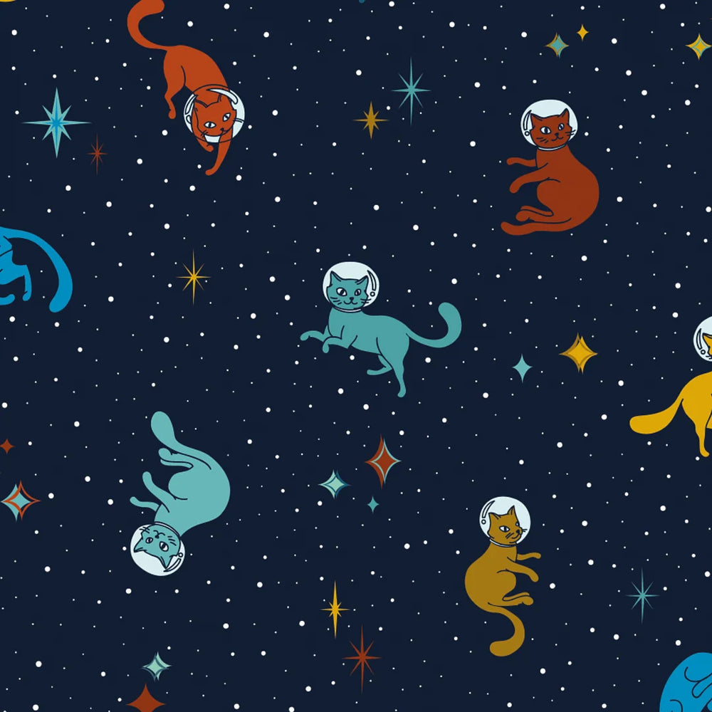 LH900575 - Cosmic Cats Wallpaper - Teal Tabby & Antique Gold on Twilight Navy - Lust Home