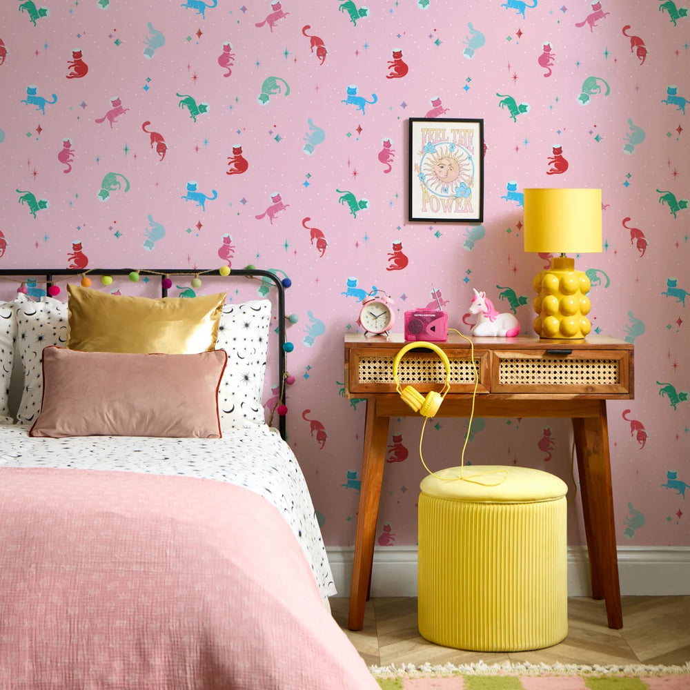 LH900576 - Cosmic Cats Wallpaper - Cherry Red & Teal Tabby on Powder Puff - Lust Home