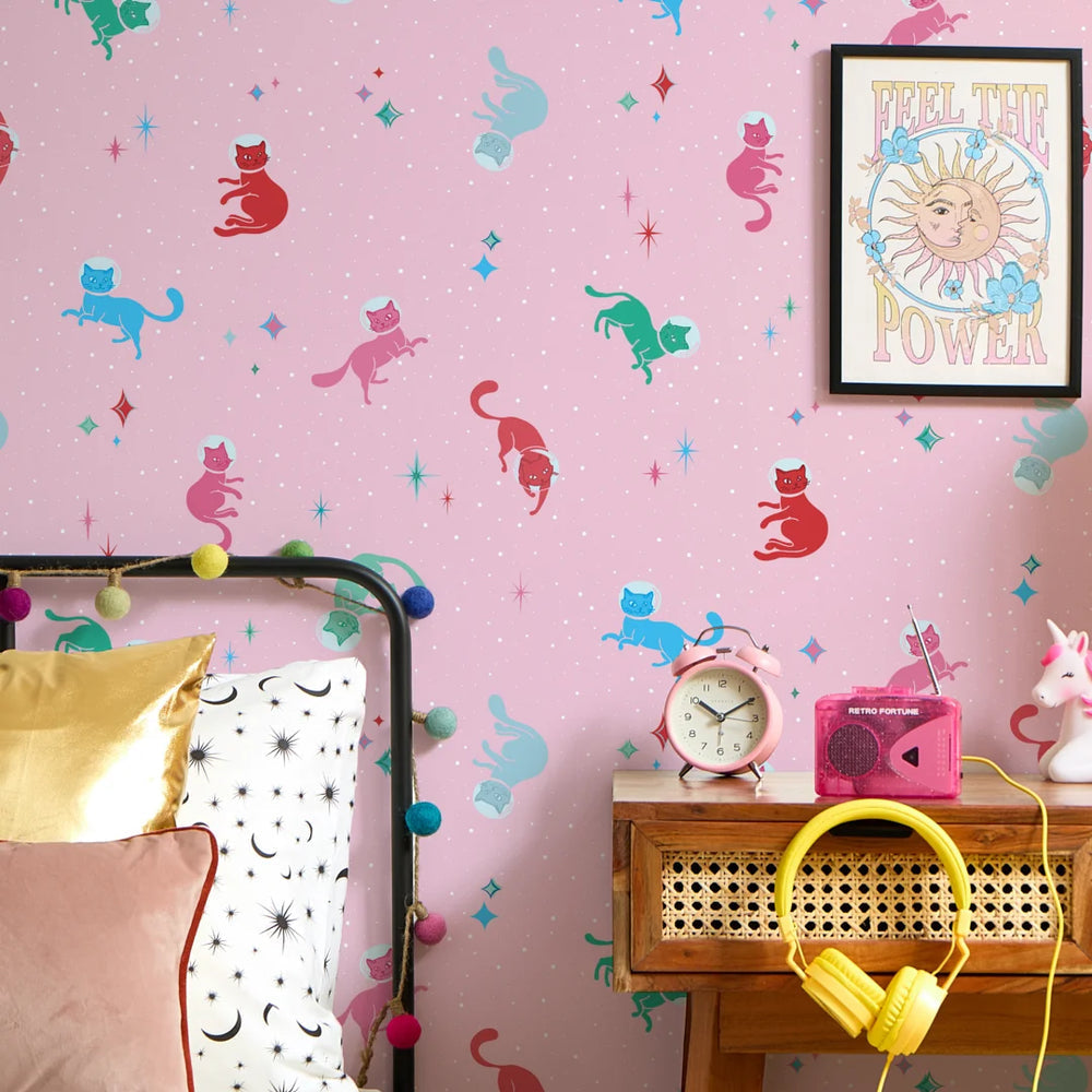LH900576 - Cosmic Cats Wallpaper - Cherry Red & Teal Tabby on Powder Puff - Lust Home