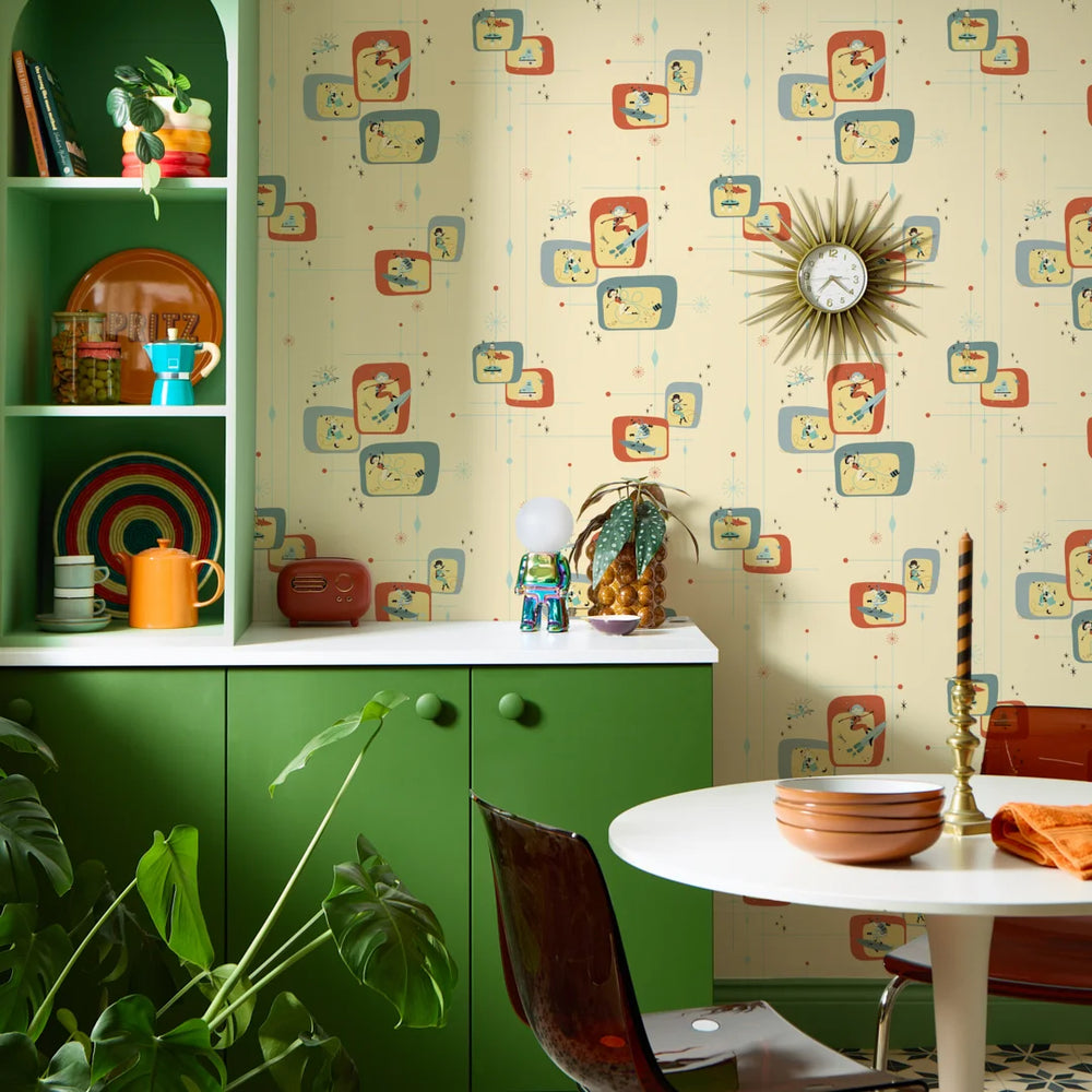 LH900581 - Space Race Wallpaper - the Running Fox & Seas the Day on Buttercream - Lust Home