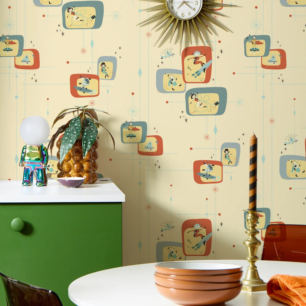 LH900581 - Space Race Wallpaper - the Running Fox & Seas the Day on Buttercream - Lust Home