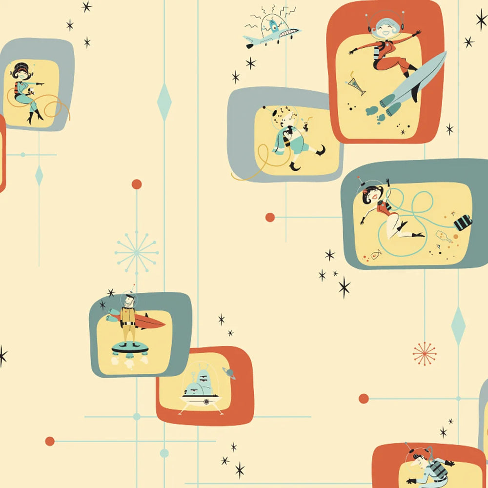 LH900581 - Space Race Wallpaper - the Running Fox & Seas the Day on Buttercream - Lust Home