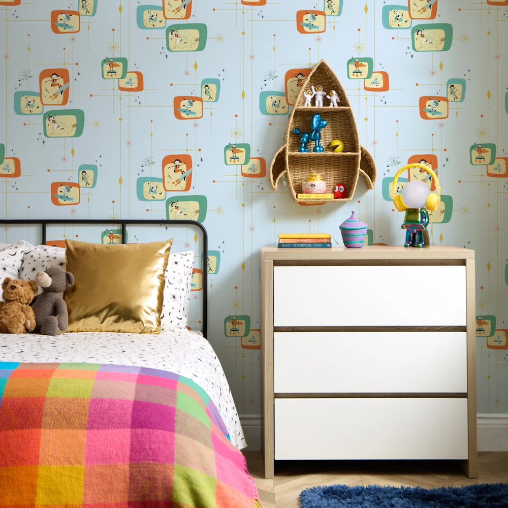 LH900582 - Space Race Wallpaper - The Running Fox & Soul Surfer on Powder Blue - Lust Home