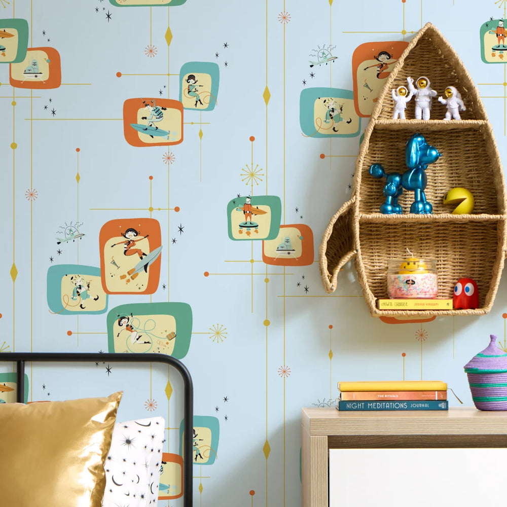 LH900582 - Space Race Wallpaper - The Running Fox & Soul Surfer on Powder Blue - Lust Home