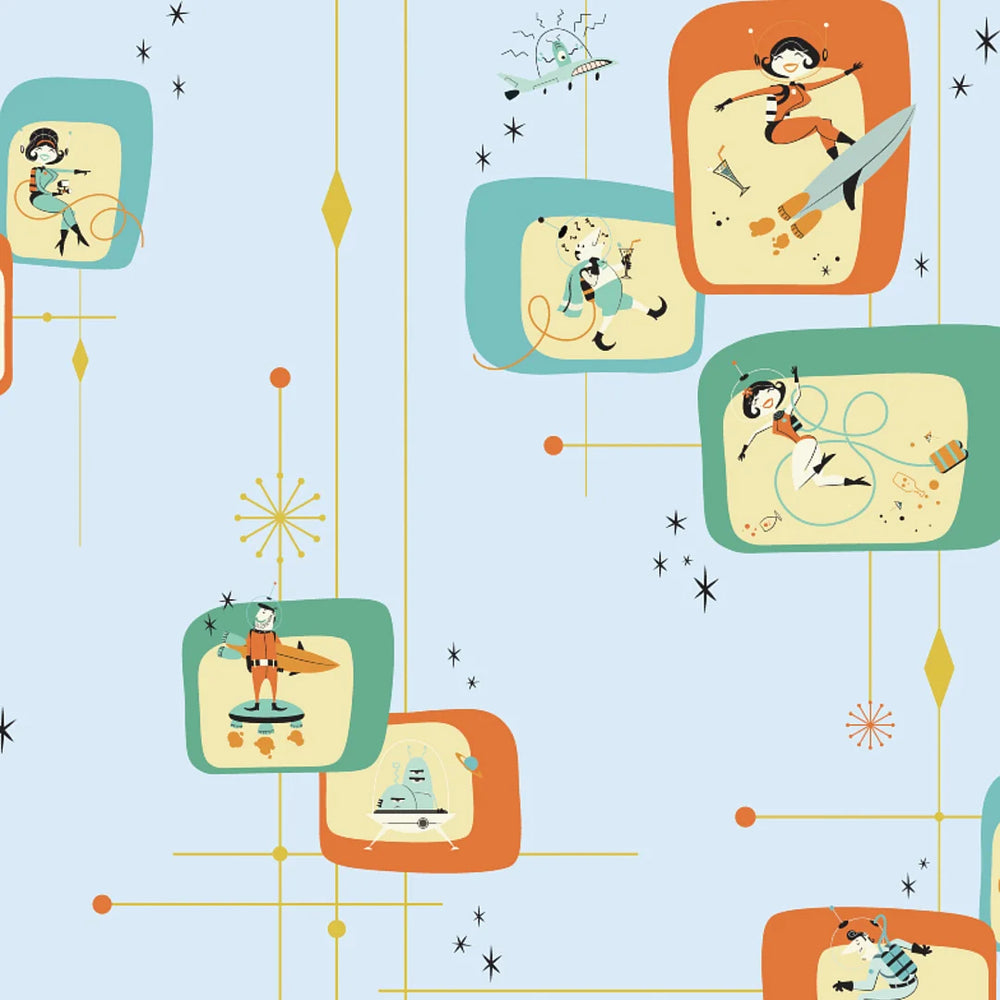 LH900582 - Space Race Wallpaper - The Running Fox & Soul Surfer on Powder Blue - Lust Home