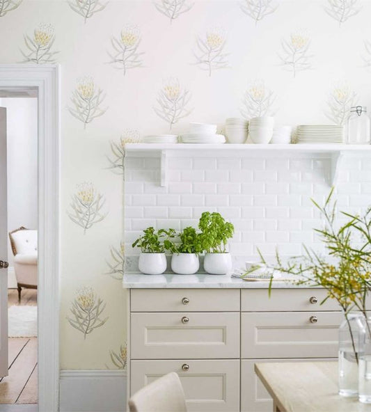 Protea Flower Wallpaper - China Blue/Canvas - DART216327 - Sanderson
