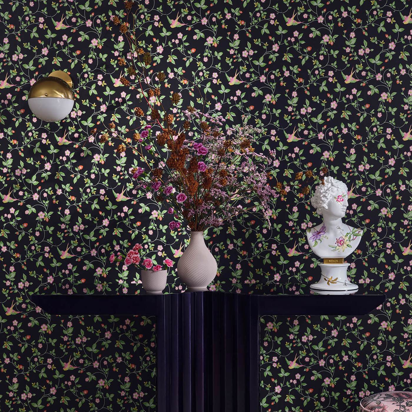 W0135/04 - Wild Strawberry Wallpaper - Noir - Clarke & Clarke
