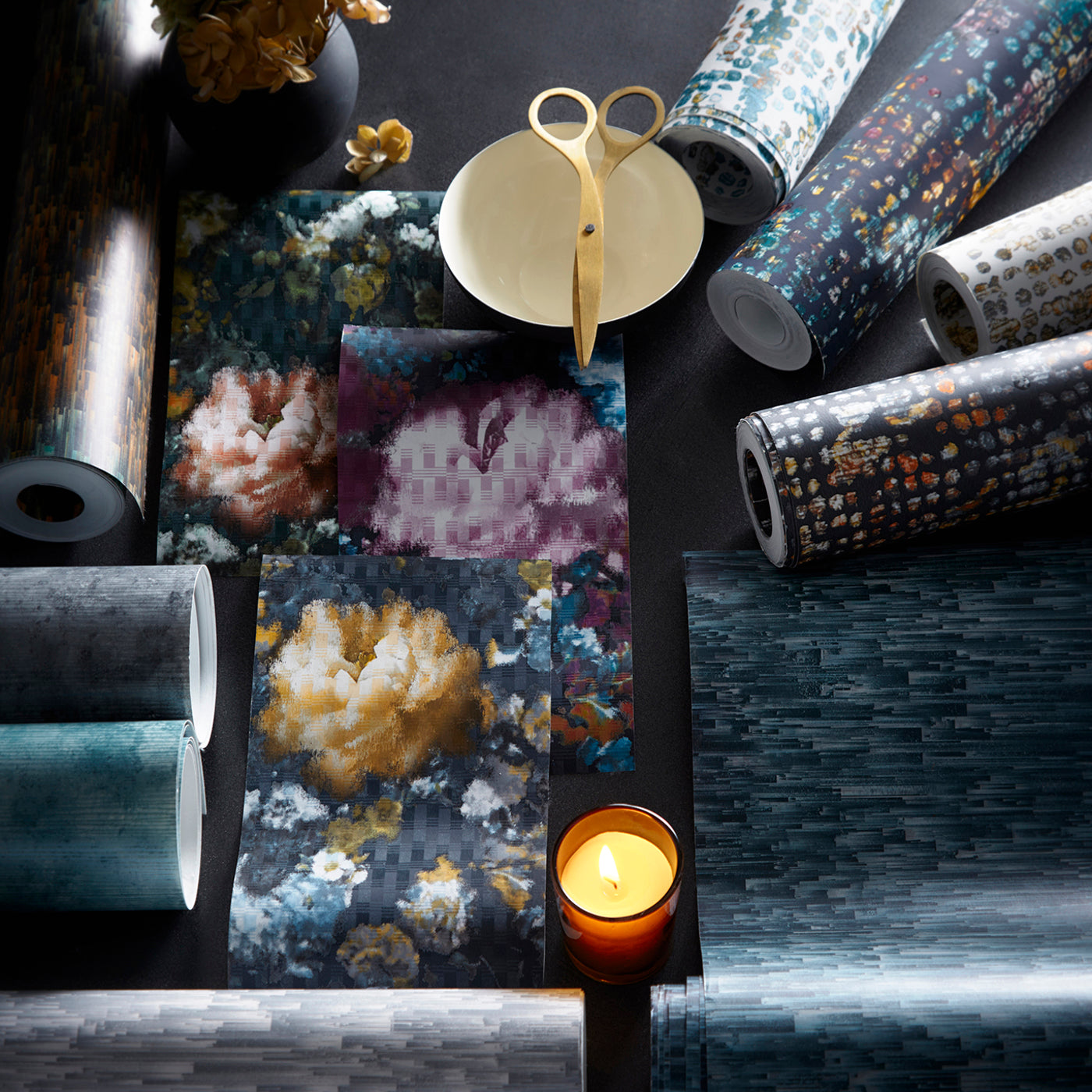 W0148/02 - Camile Wallpaper - Midnight/Gold - Clarke & Clarke