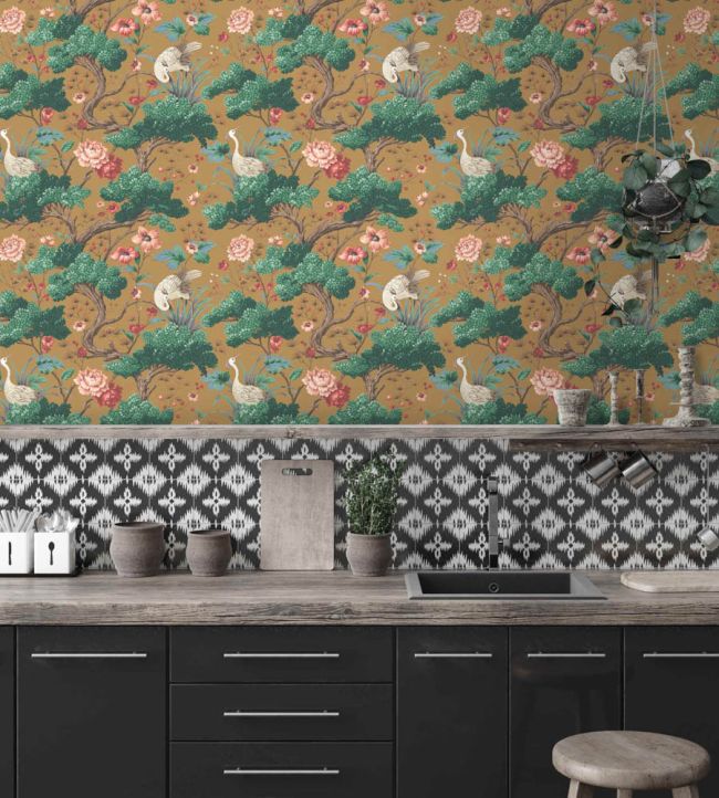 WM-123R - Crane Bird Wallpaper - Mustard - Woodchip & Magnolia

