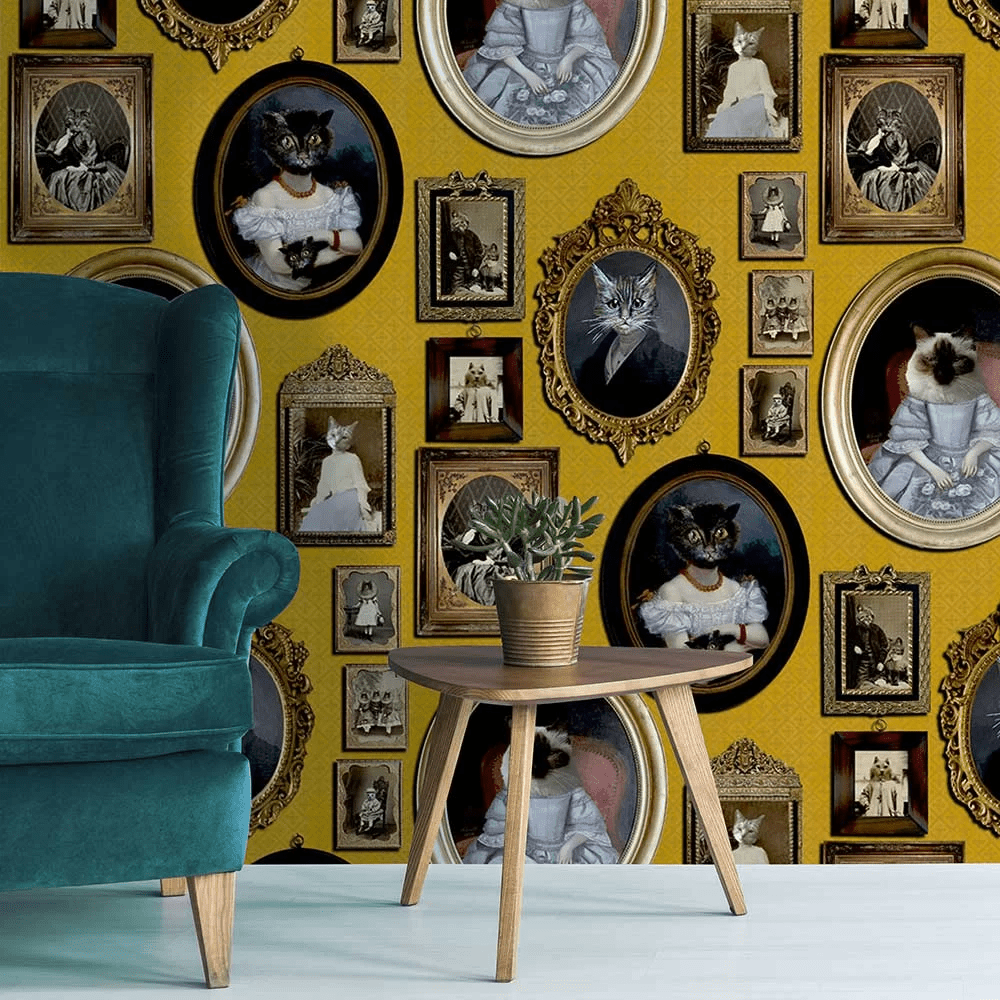 A Cavalcade of Cats Wallpaper - Mustard - The Graduate Collection - CC1CATMUSTARD - Premier Wallcovering