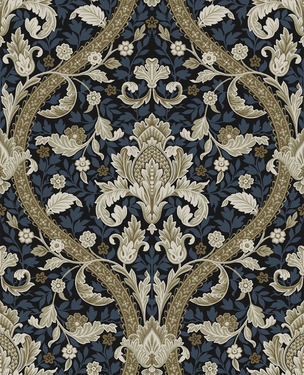 Acanthus Ogee Wallpaper - Blue & Natural - NextWall - NW59002 - Premier Wallcovering