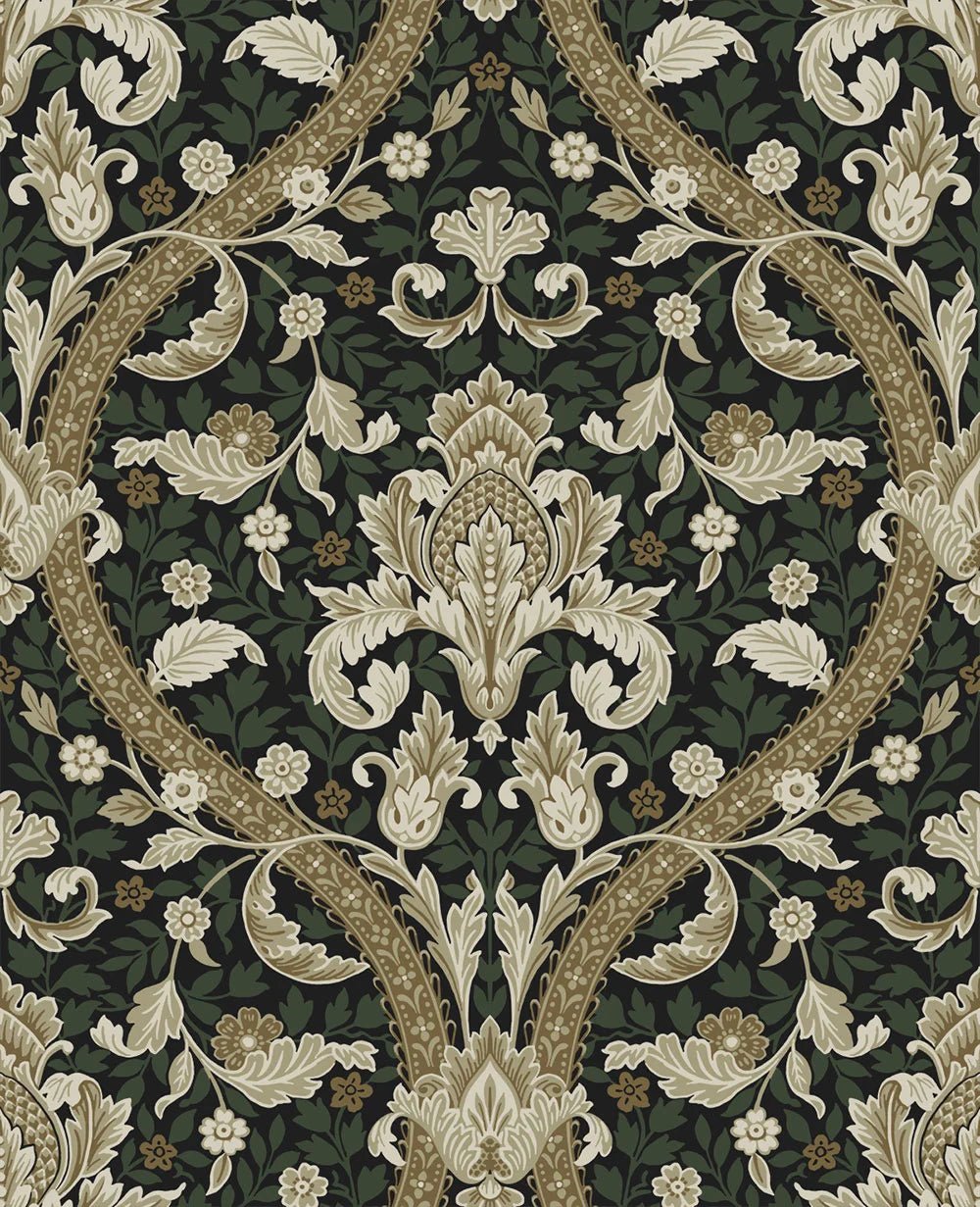 Acanthus Ogee Wallpaper - Ebony & Green - NextWall - NW59004 - Premier Wallcovering