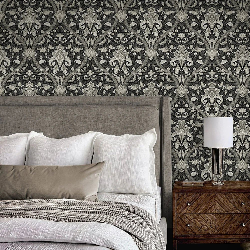 Acanthus Ogee Wallpaper - Ebony & Cliffside - NextWall - NW59000 - Premier Wallcovering