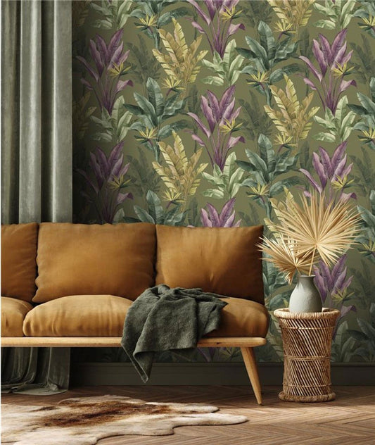 Akari Elegant Homes Madagascar Leaf Wallpaper - Gold and Green - Rasch - 282886 - Premier Wallcovering