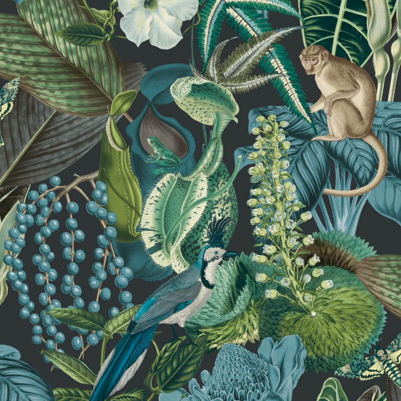 Amazon Monkeys Tropical Floral Wallpaper - Teal - Grandeco - JF2202 - Premier Wallcovering