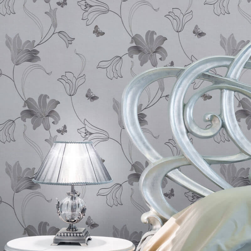 Amelia Floral Metallic Wallpaper - Silver - Muriva - 701414 - Premier Wallcovering