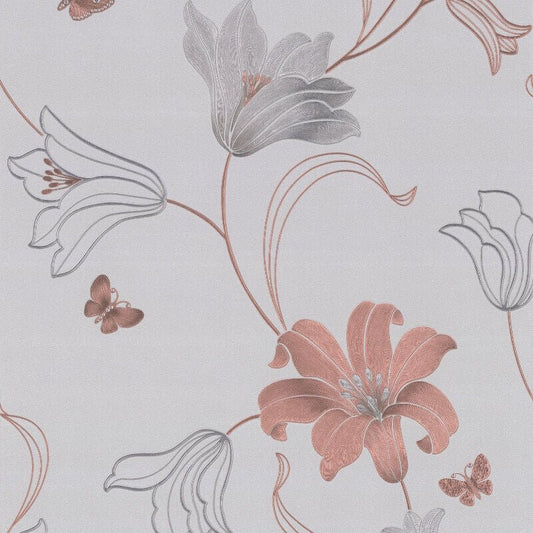 Amelia Floral Metallic Wallpaper - Stone/Rose - Muriva - 701410 - Premier Wallcovering