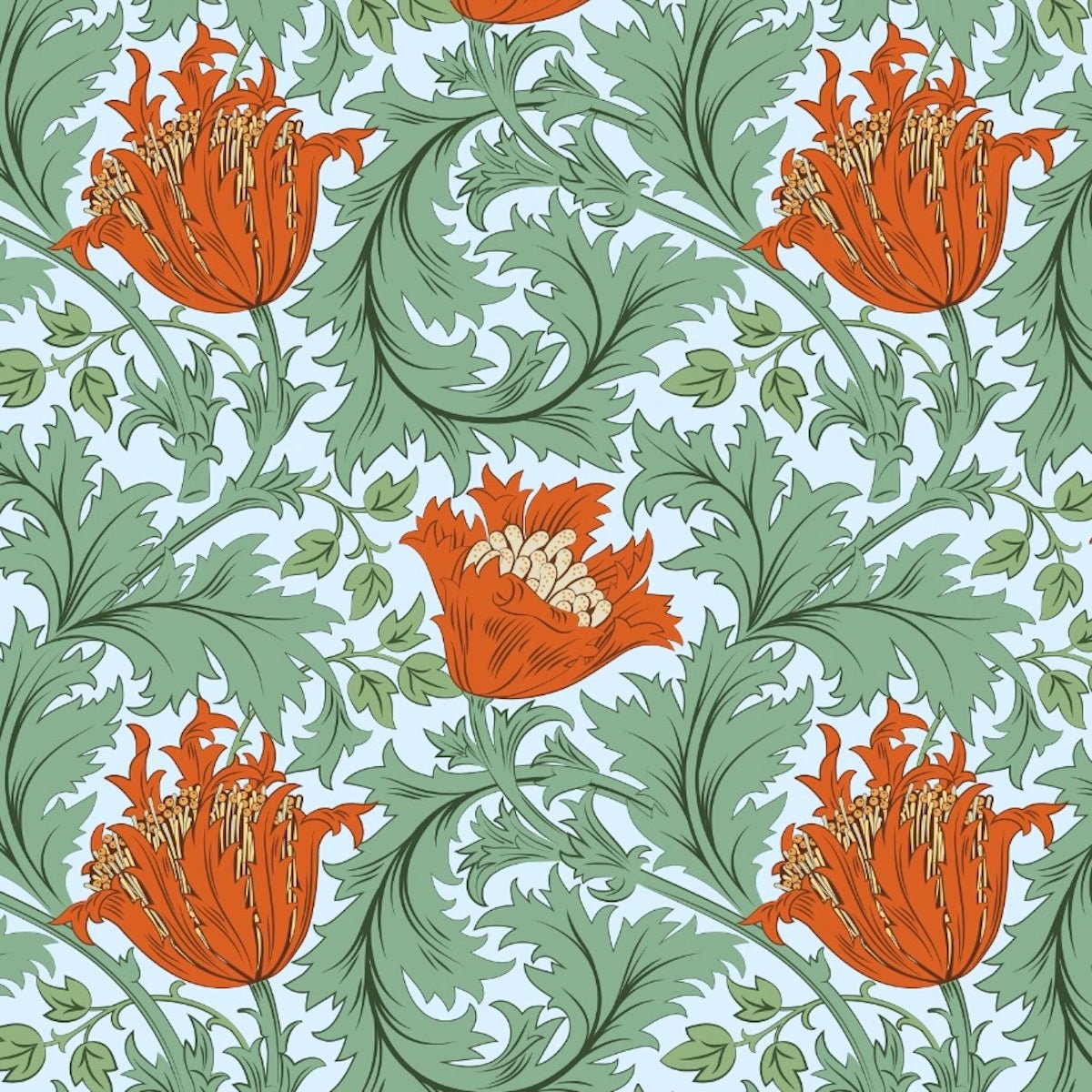 Morris Collections - 1201 - Anemone Wallpaper - Light Green - Orange - Premier Wallcovering