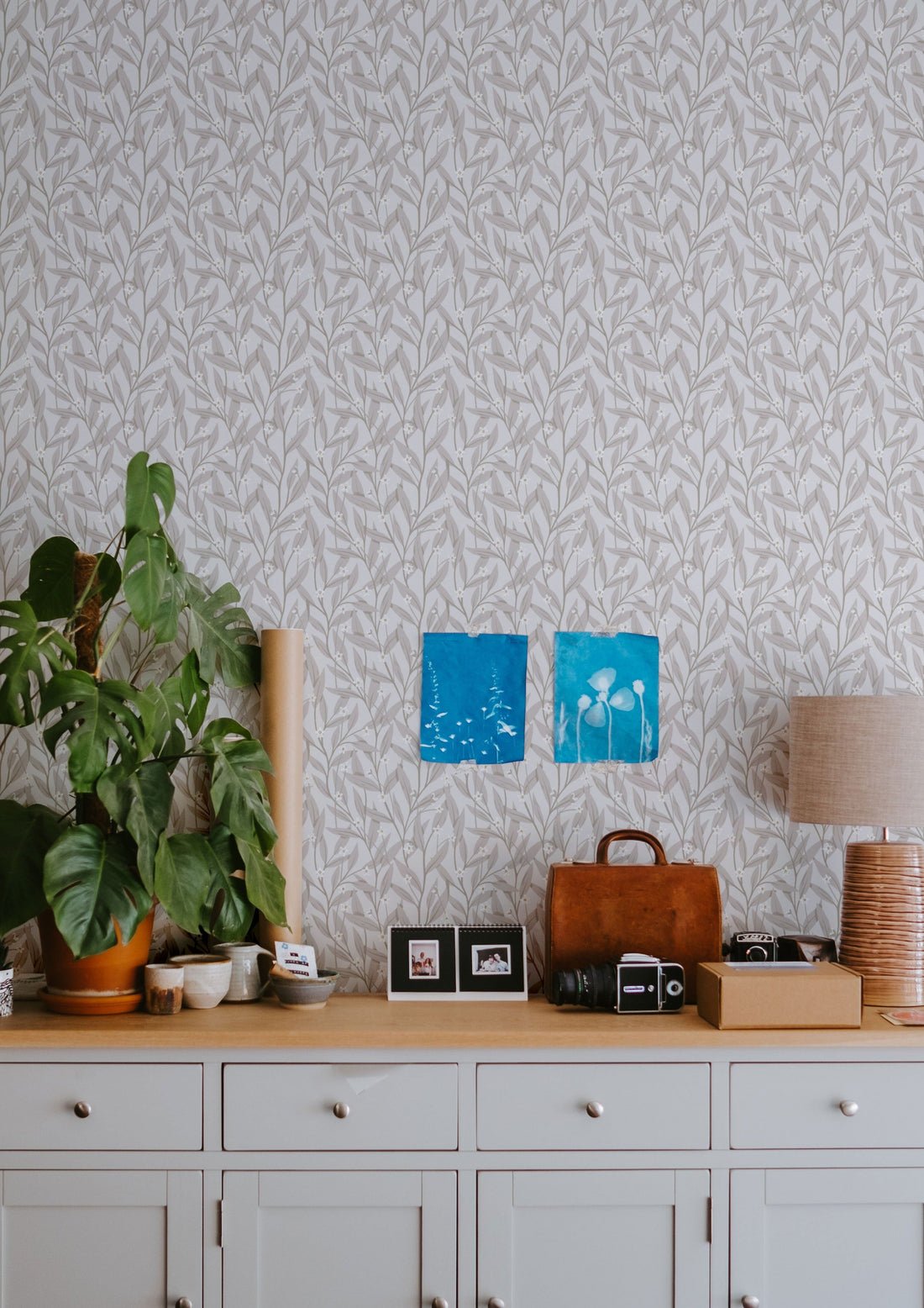 Anemone Wallpaper - White - Summer Gray - Premier Wallcovering