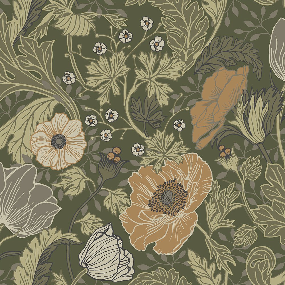 Anemone Wallpaper - Dark Green - Midbec - 44104 - Premier Wallcovering