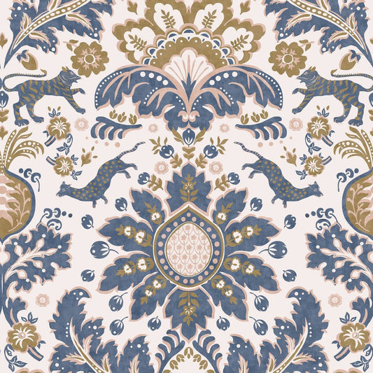 Animal Damask Wallpaper - Blue & Gold - Joules - 128944 - Premier Wallcovering