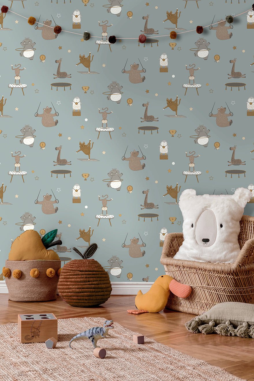 Animal Gymnastics Wallpaper - Blue - Holden Décor - 13242 - Premier Wallcovering